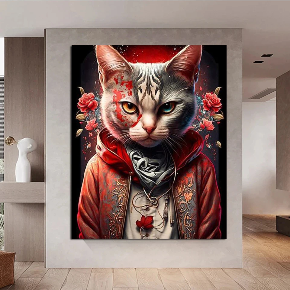 5D Diy Diamond Embroidery Serious Punk Cat Man Cross Stitch Kits Rose Flower Full Square Round Diamond Painting Animal S807