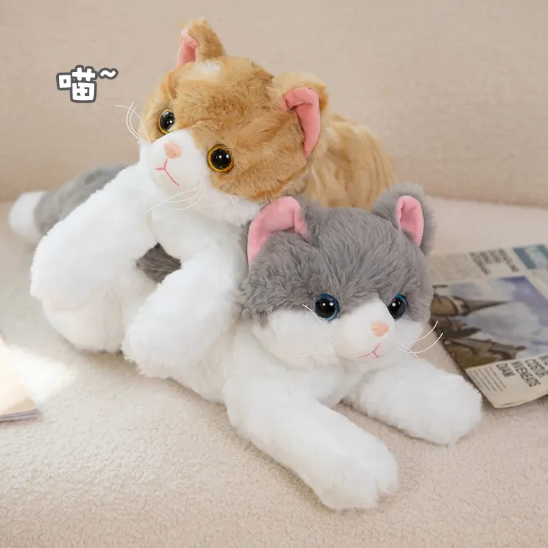 Jouet en peluche beurre de chat couché mignon réaliste, animal en peluche doux, simulation, animal de compagnie, oreiller chaton, décoration d'intérieur pour filles, cadeau d'anniversaire pour enfants