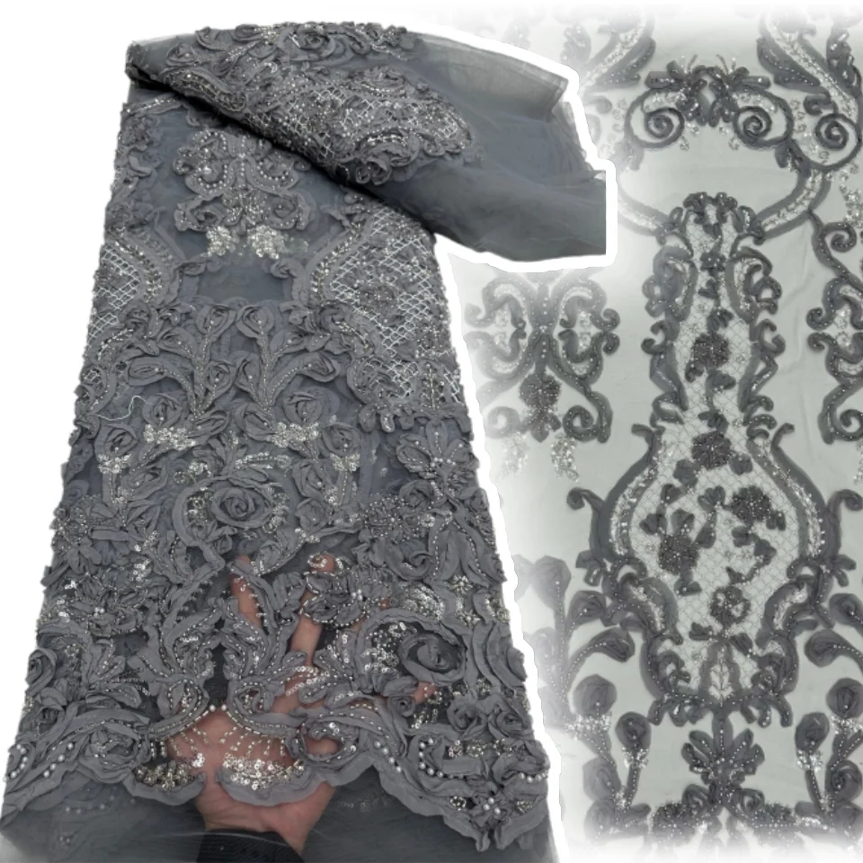 

Новый дизайн 3D африканского кружева с бисером 2026: высококачественная французская тюлевая ткань с пайетками для пошива нигерийских свадебных платьев 2360