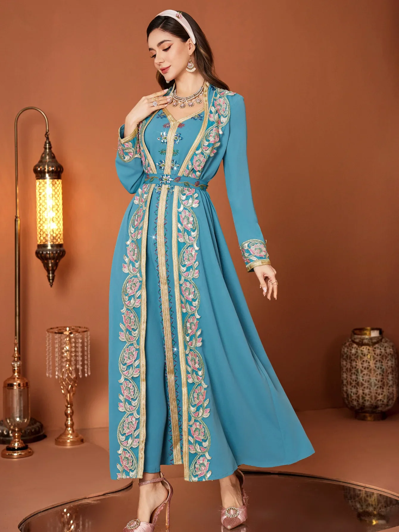 فستان العيد الإسلامي للنساء عباية دانتيل ماسي مزيف 2 قطعة فساتين طويلة فيستدوس لارغوس حفلة قفطان رمضان دبي رداء طويل 2026