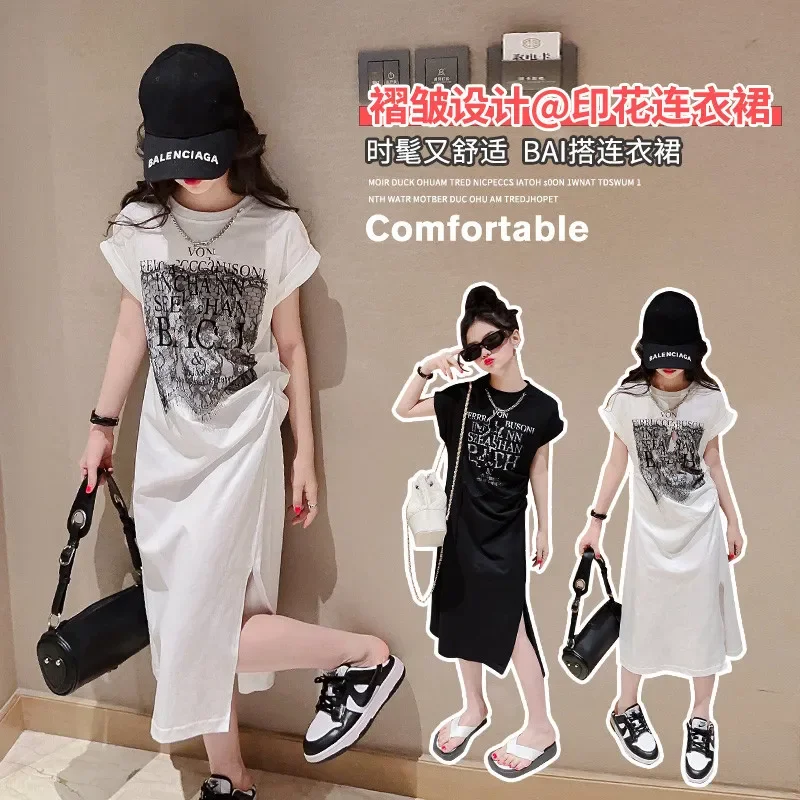 

Teen Girls Summer Slit T Shirt Dress New Korean Version Long Skirt Fashion Kids Black White Pleated Dress 11 12 13 14 Years