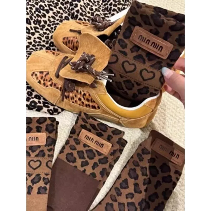 3 Pairs Socks Spring Autumn New Leopard Coffee Women's Medium Tube Maillard Love Korean Version Trendy Socks Lingerie Soft New