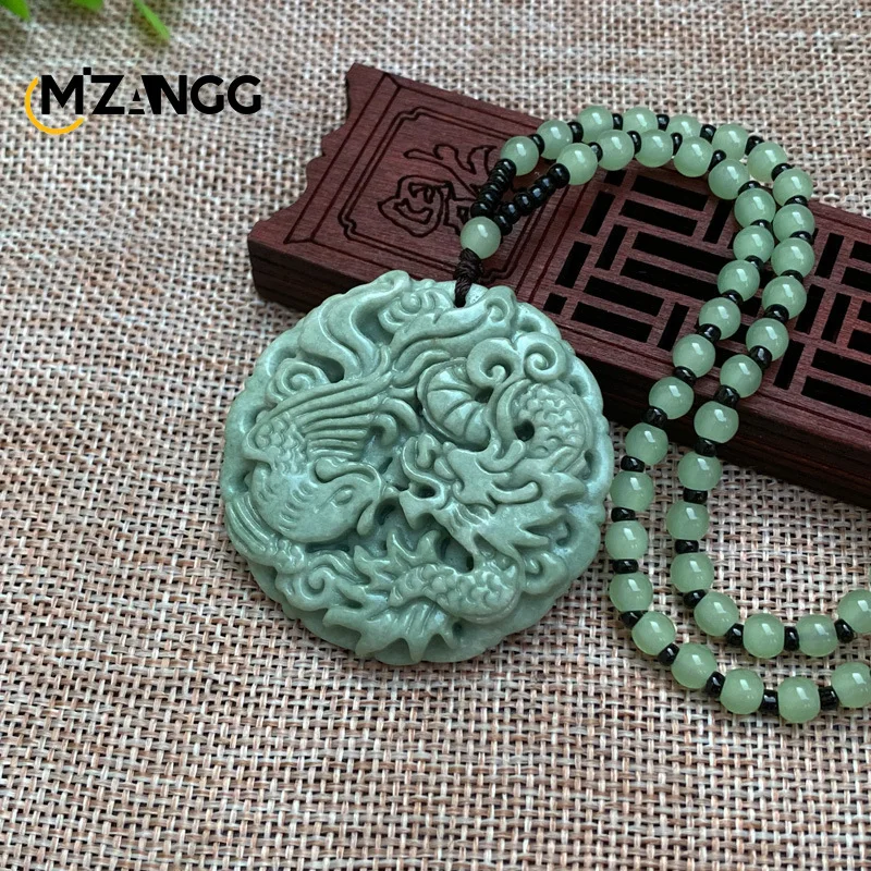 Natural Green Jade Carved Dragon Phoenix Chengxiang Pendant Exquisite Fashion Men\'s and Women\'s Necklace Lucky Charms Gift