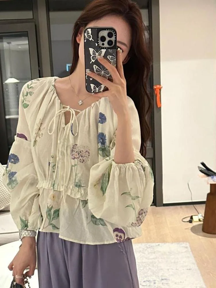 เสื้อผ้าผู้หญิงใหม่ 2025 ผ้าฝ้ายลินิน ลายดอกไม้ฤดูร้อน แขนยาว ไซส์เล็ก สไตล์สปริงแฟชั่น