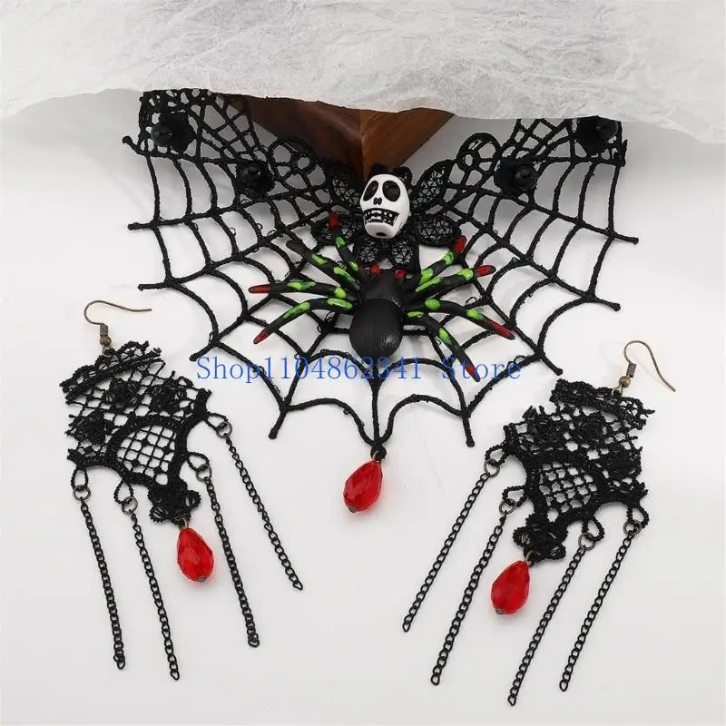 5asd 2pcs Gothic Lace Choker สร้อยคอ Rhinestones ต่างหูฮาโลวีนเครื่องแต่งกายอุปกรณ์เสริมเครื่องประดับสำหรับผู้หญิงของขวัญ