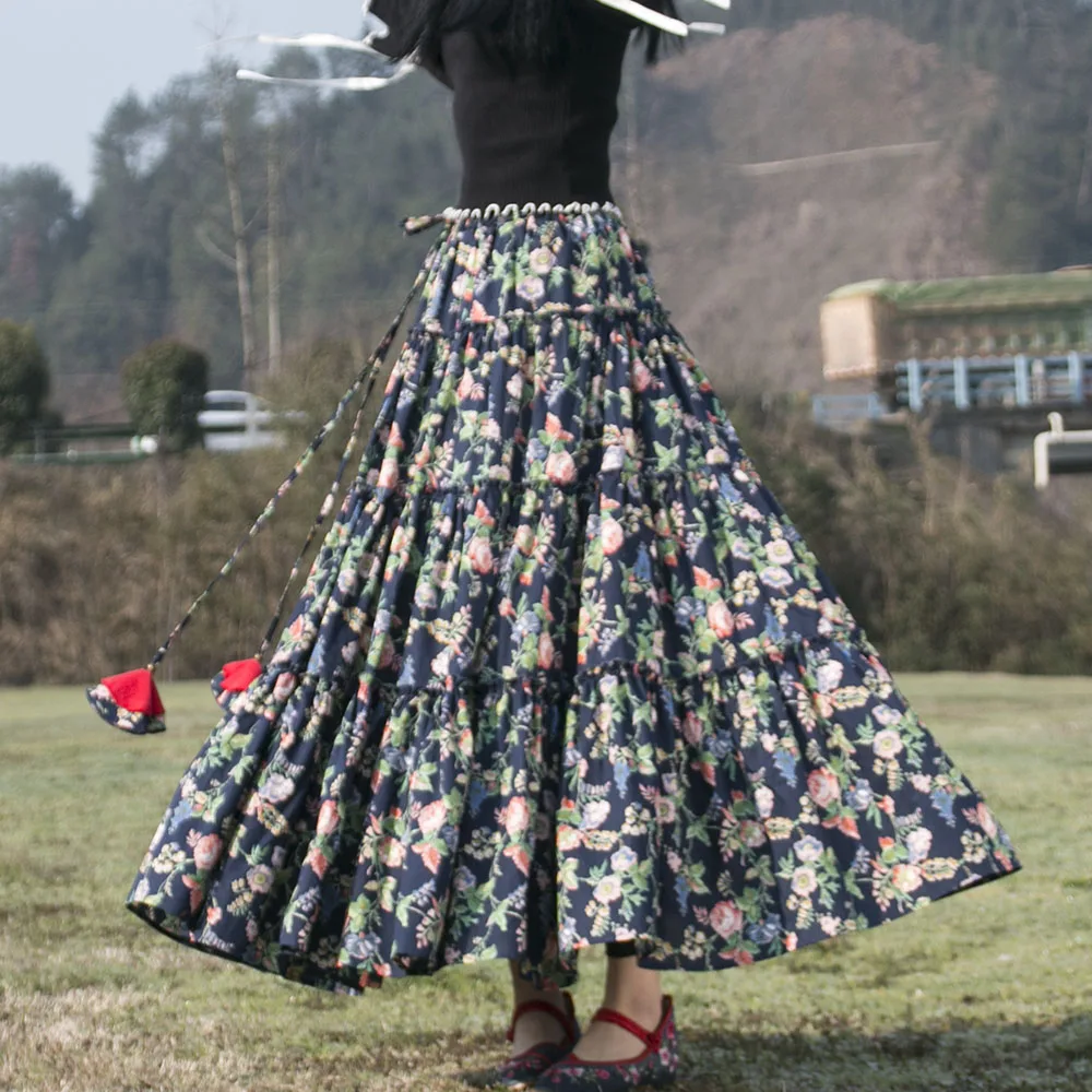 TIYIHAILEY Freies Verschiffen 2023 Neue Große Rand Mode Lange Maxi A-linie Elastische Taille Frauen Baumwolle Druck Blume Sommer Frühling Rock