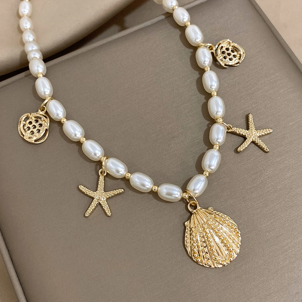 Greatera Trendy Starfish Shell Charms Imitation Pearl Chain Choker Necklaces for Women Statement Party Jewelry Gifts