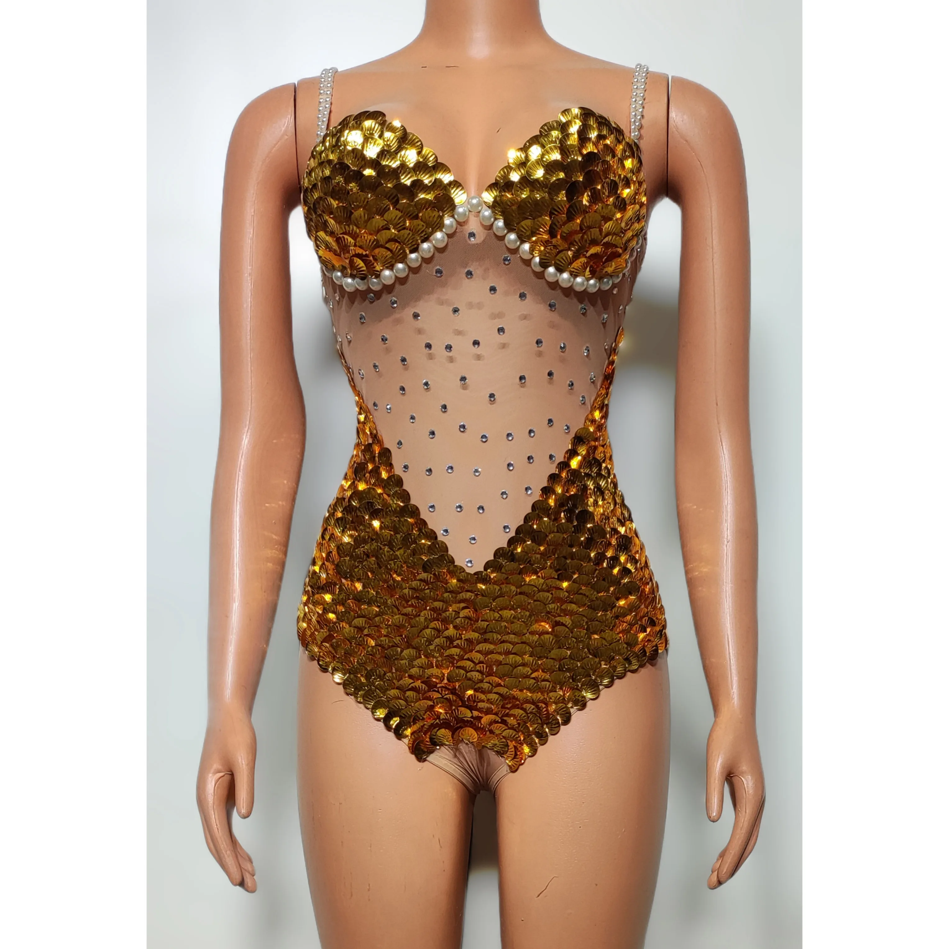 Scale Sequins Bodysuit Rhinestones Dance Leotard Women Sexy Stage Wear Gold Blue Sleeveless Cosplay Costume Nightclub Party Show