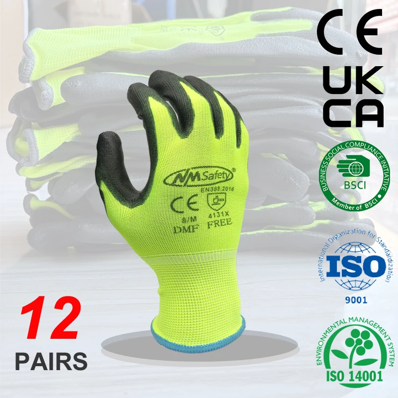 NMSafety 12 Pairs Lightweight PU Coated Work Gloves Durable EN 388 Certified ISO20471 Safety Gloves Sizes S M L XL XXL