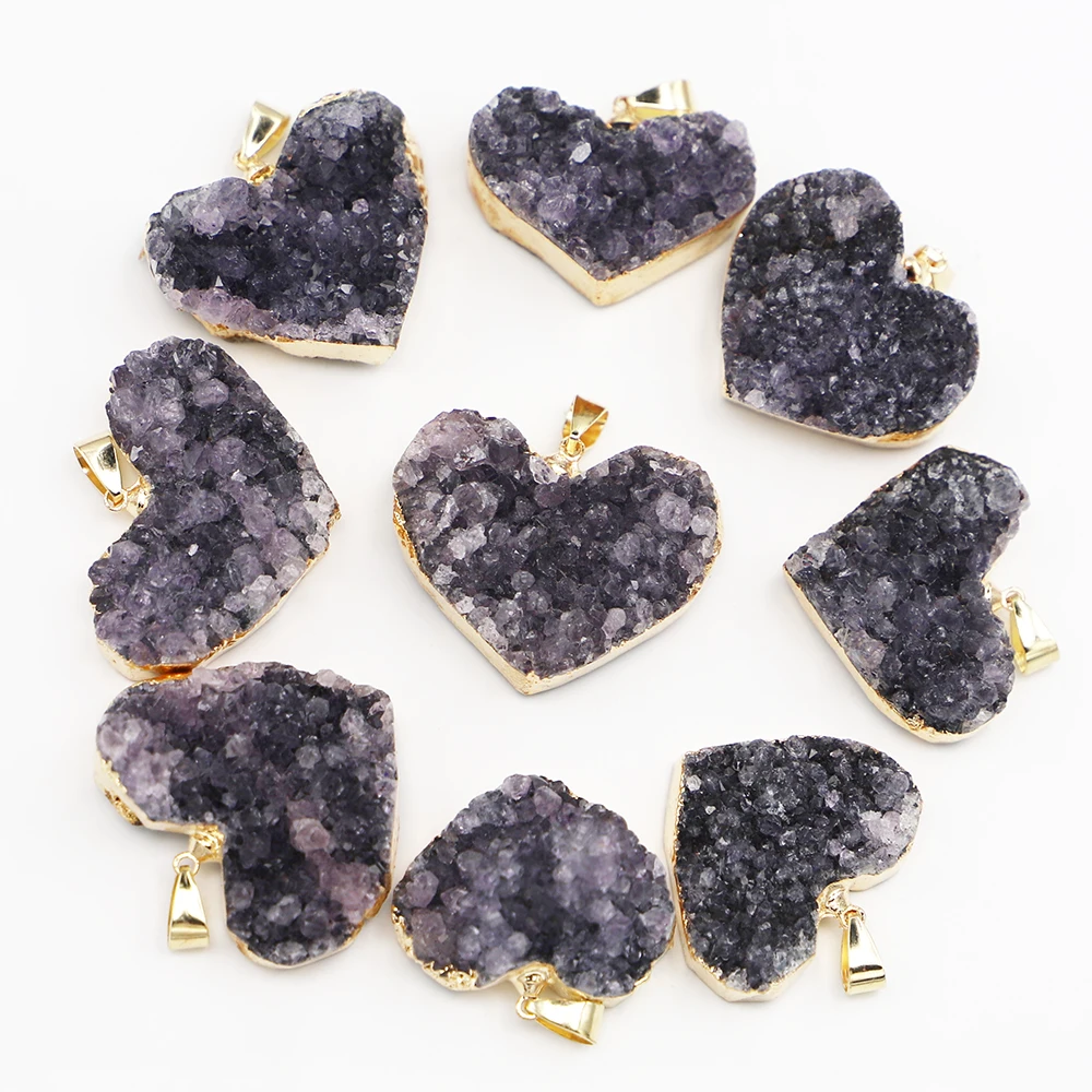 

6pcs/lot New Natural Amethyst Cluster Stone Pendants Heart Raw Crystals Charms Necklace Quartz Mineral DIY Jewelry Accessories