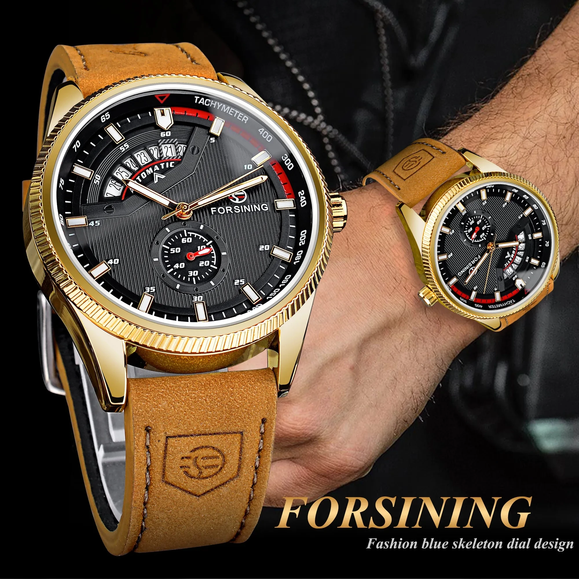 Forsining 382A Reloj Para Clock Factory Date Men Brown Leather Skeleton Automatic Mechanical Watch for Man Wristwatch Recommend