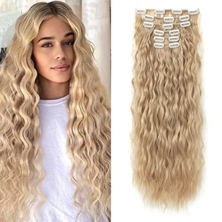 

LONAI 6PCS Clip In Hair Extensions, 24" Blonde Hair Extensions Long Mermaid Waves Wavy Synthetic Clip On Hairpiece For Women Na
