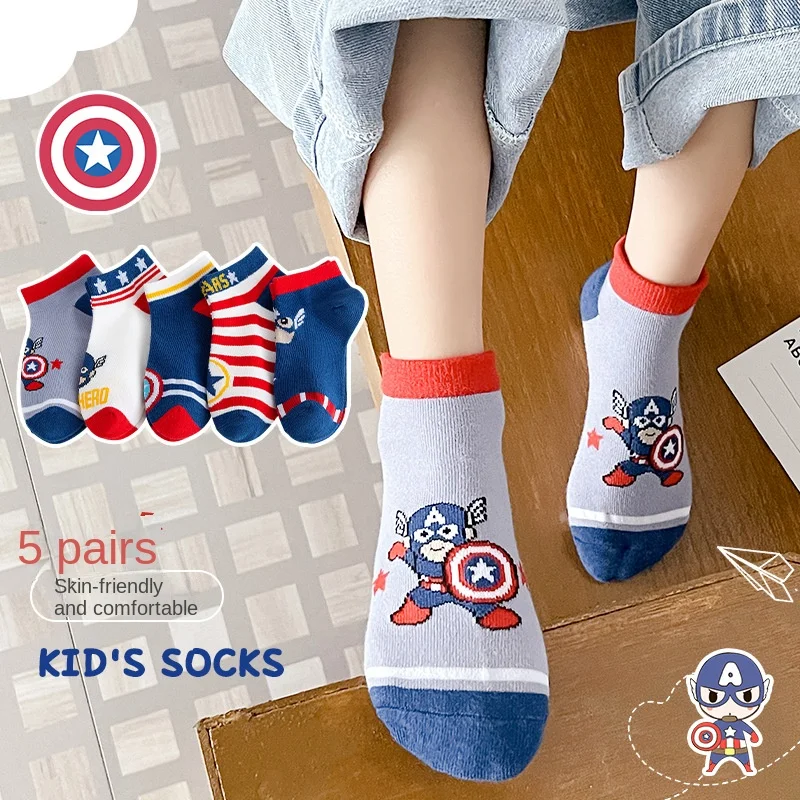 5 Pairs Spiderman Children Socks Anime Kids Boys Short Sock Iron Man Captain America Cartoon Baby Summer Spring Boat Socks 1-12Y