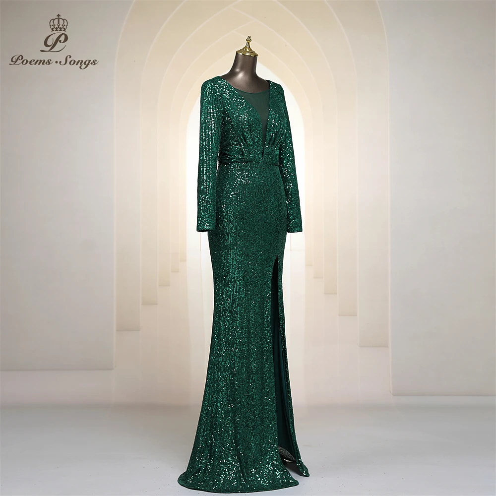 Sexy Deep V_Neck long sleeve Sequin Evening Dress vestido de festa prom gowns Formal Party dress  robe de soiree Maxi dress