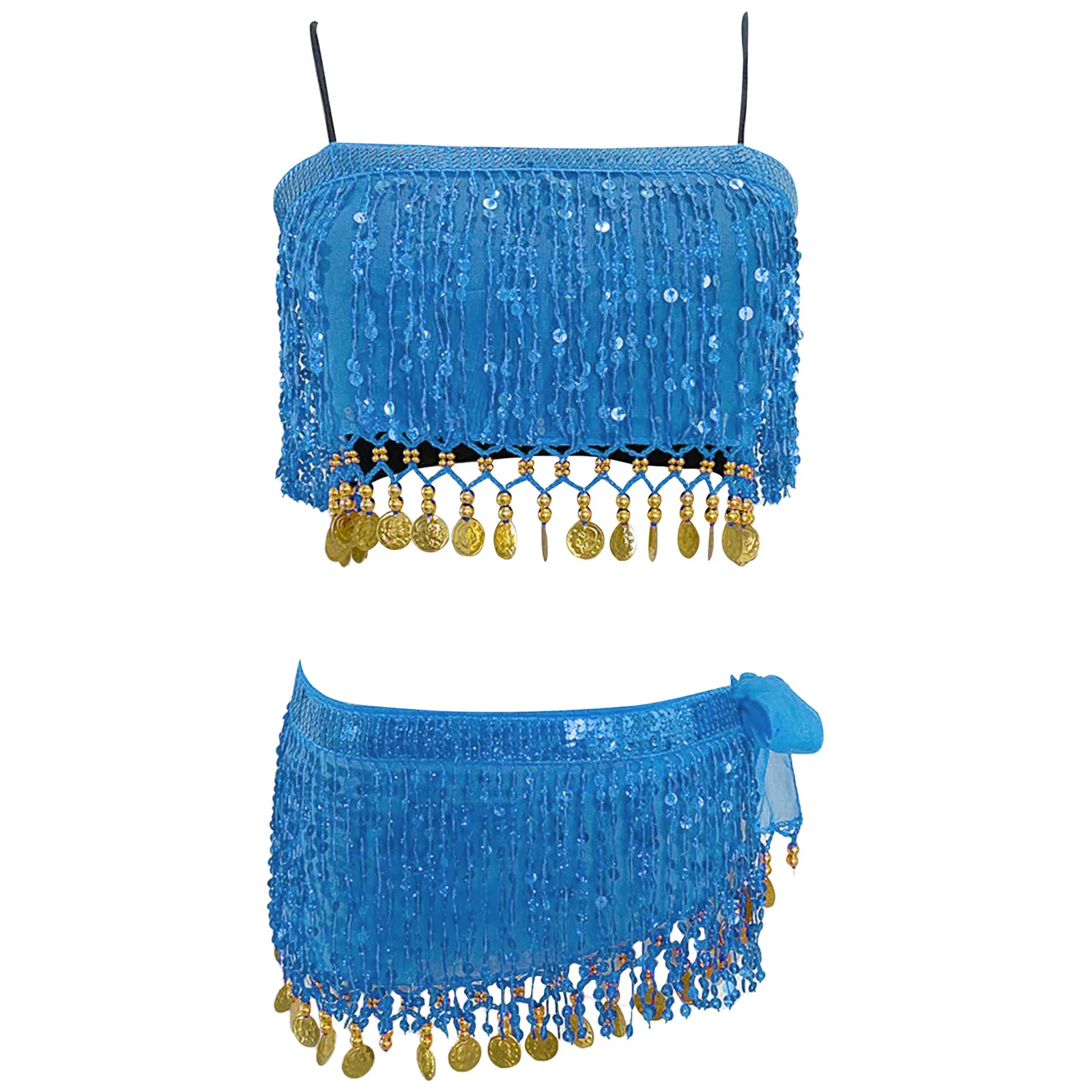 Womens Buikdans Outfit Pailletten Kwastje Top Crop Hemdje Veiligheidsshorts Hippe Sjaal 4-delige Danskleding voor India Volksdans