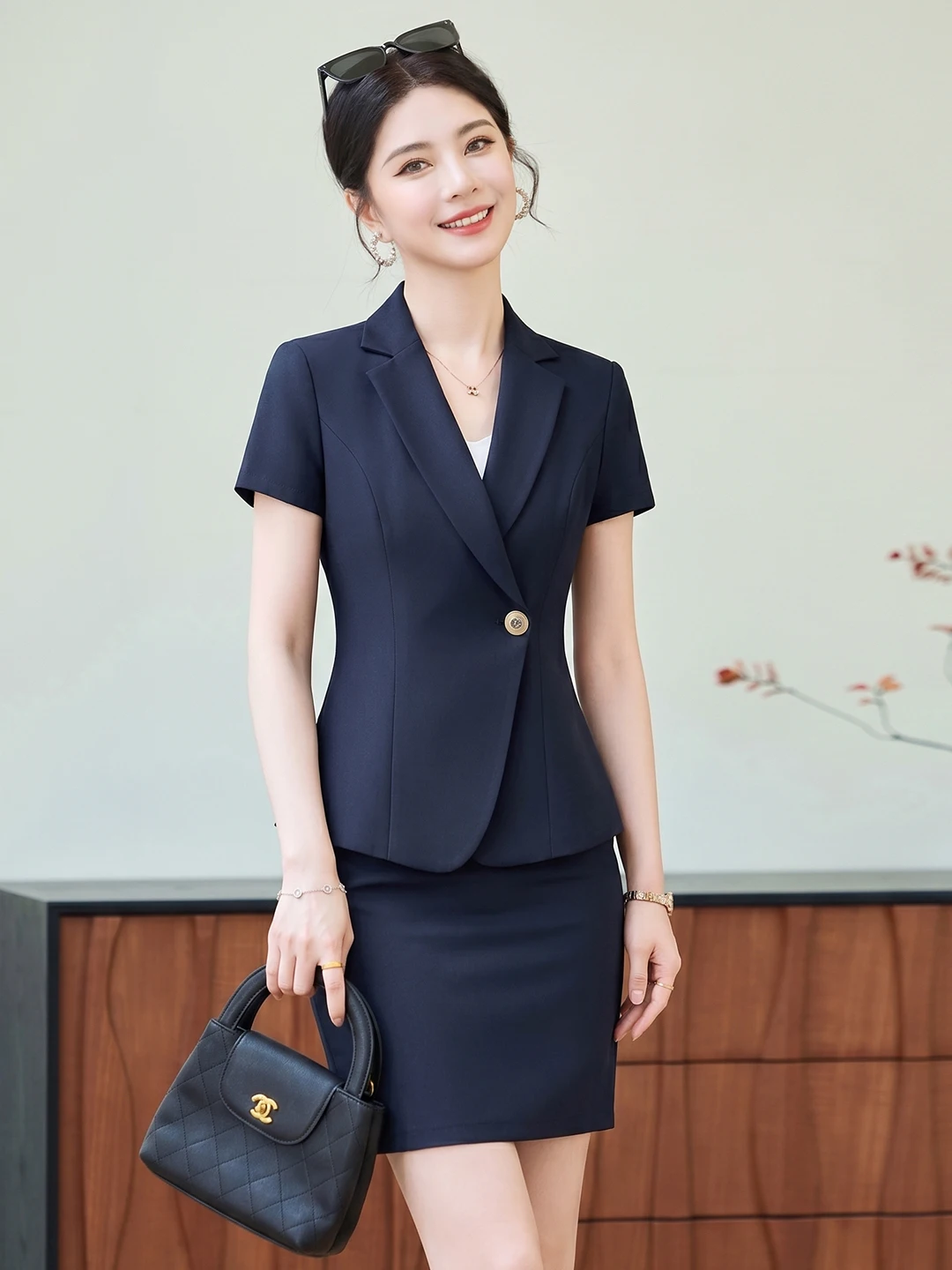 Blue Short Sleeve Suit Set Women's Summer Thin Front Desk Hotel Work Uniform Bank Hall Professional Formal Workwear