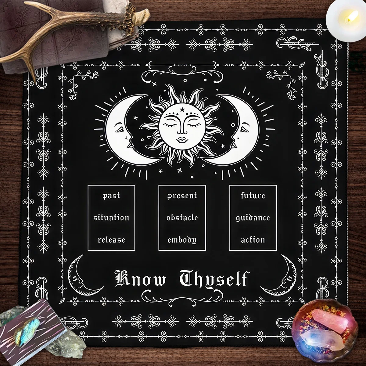 Black Sun Moon Tarot Spread Cloth, Pendulum Divination Altar Cloth, Altar Decor, Botanical Floral Tarot Tablecloth, Tarot Pad