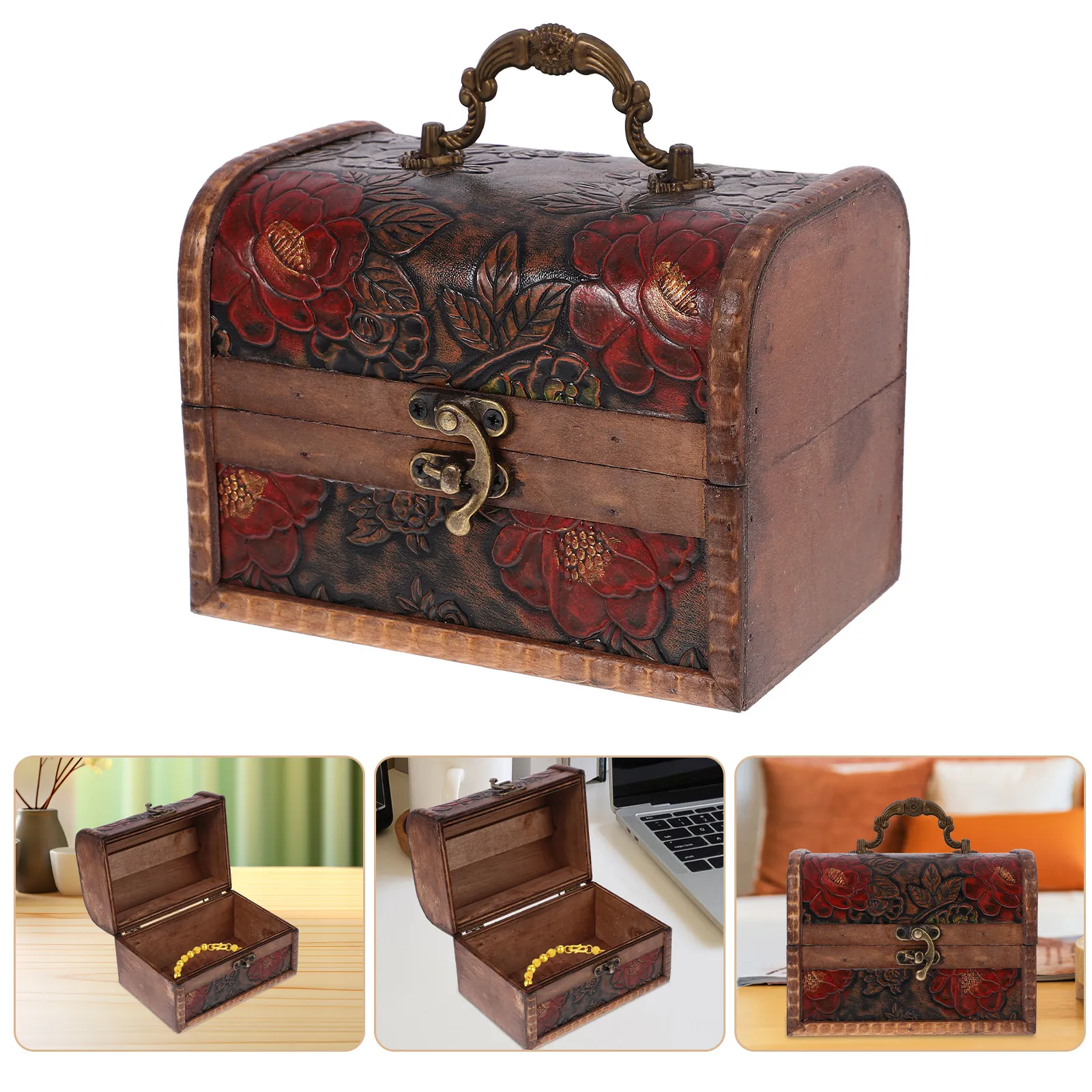 

Vintage Wooden Jewelry Storage Box Small Treasure Chest Flower Carved Latch Handle Retro Decorative Case for Rings Earrings