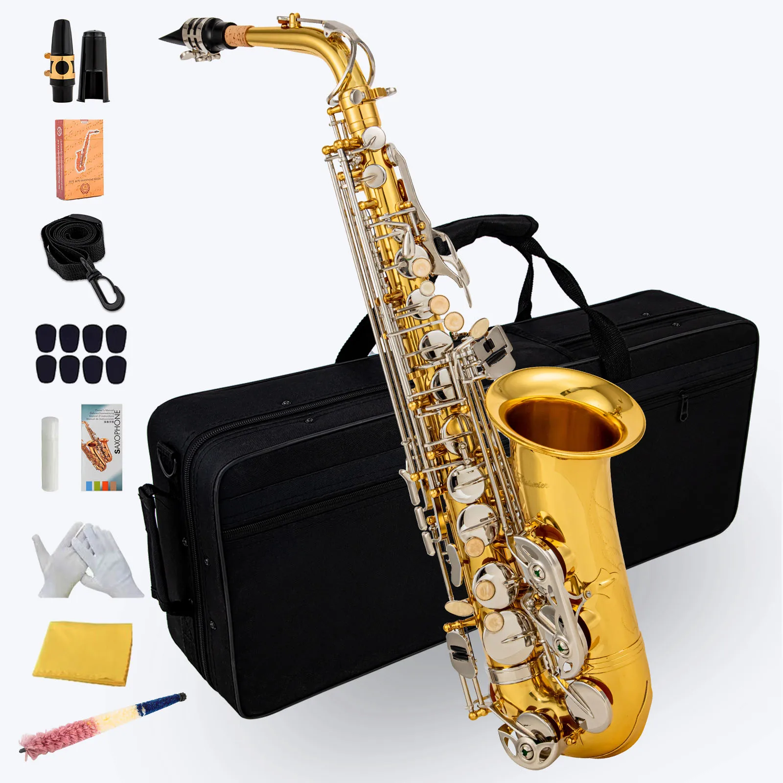 Mindiabair Alto Saxophone Eb Brass Body Carved  White Shell Gold body silver keys  Saxophone with Reed Glove Back Rubbing Coth