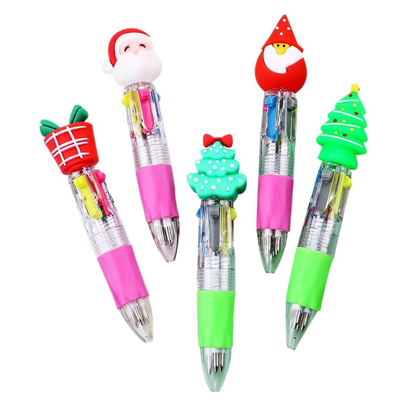 4Pcs/set 2025 Christmas Mini 4 Color Ballpoint Pen Cute Cartoon Elk Retractable Pen Student Stationery School Supplies Randomly