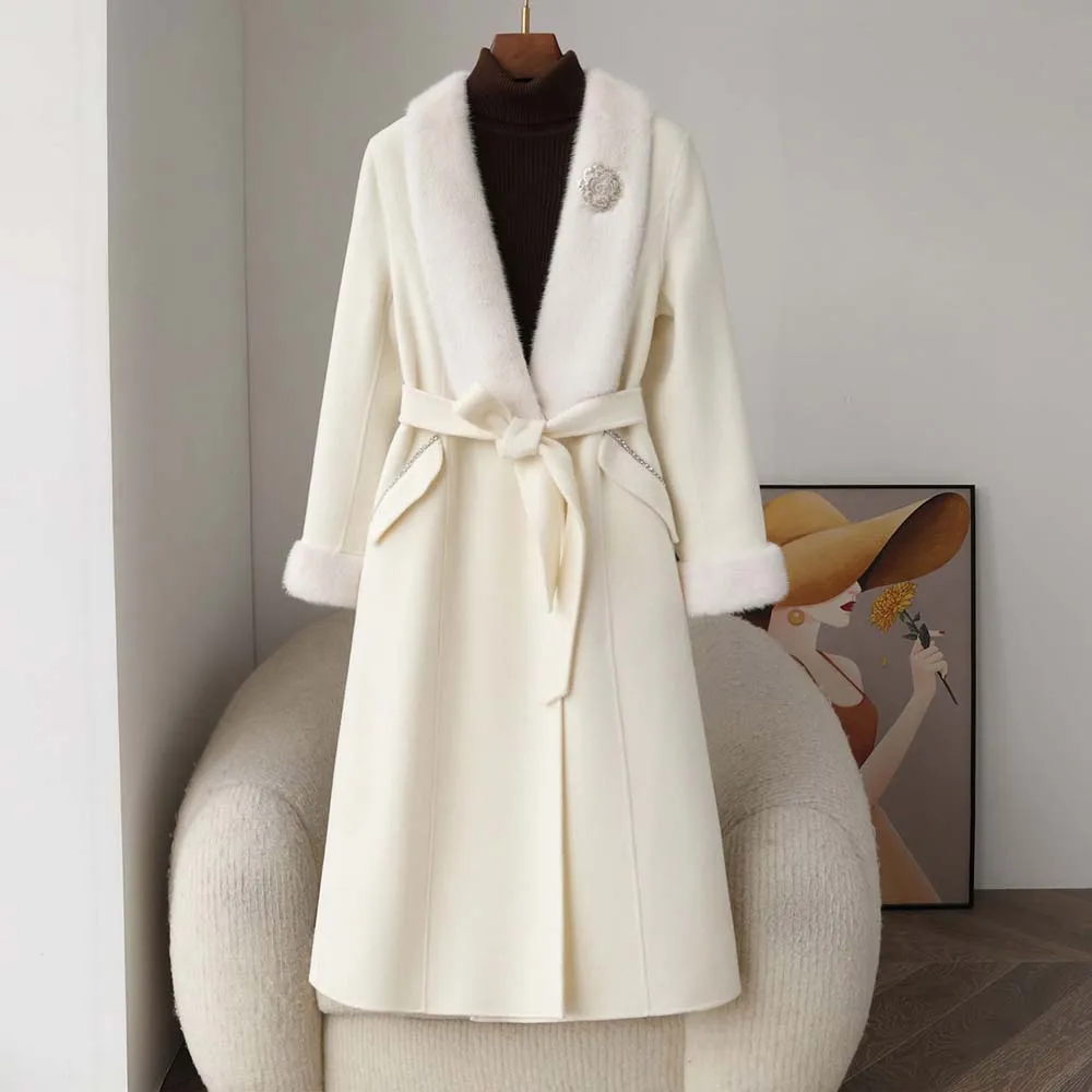 

Двустороннее кашемировое пальто для пожилых людей с воротником из норки, твидовое пальто из шерсти носокси, женское пальто средней длины