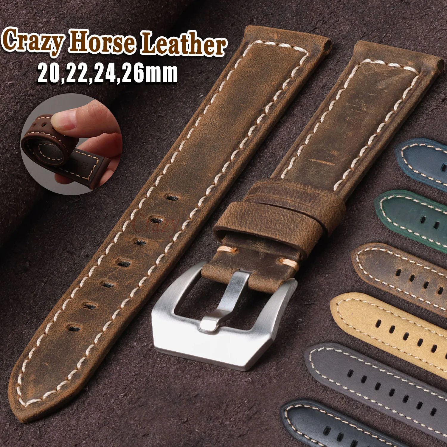 Image of 20mm 22mm 24mm 26mm Kalbsleder-Armband für Panerai für Omega Crazy Horse Uhrenband Sport-Armband Universelles Herren- und Damen-Armband