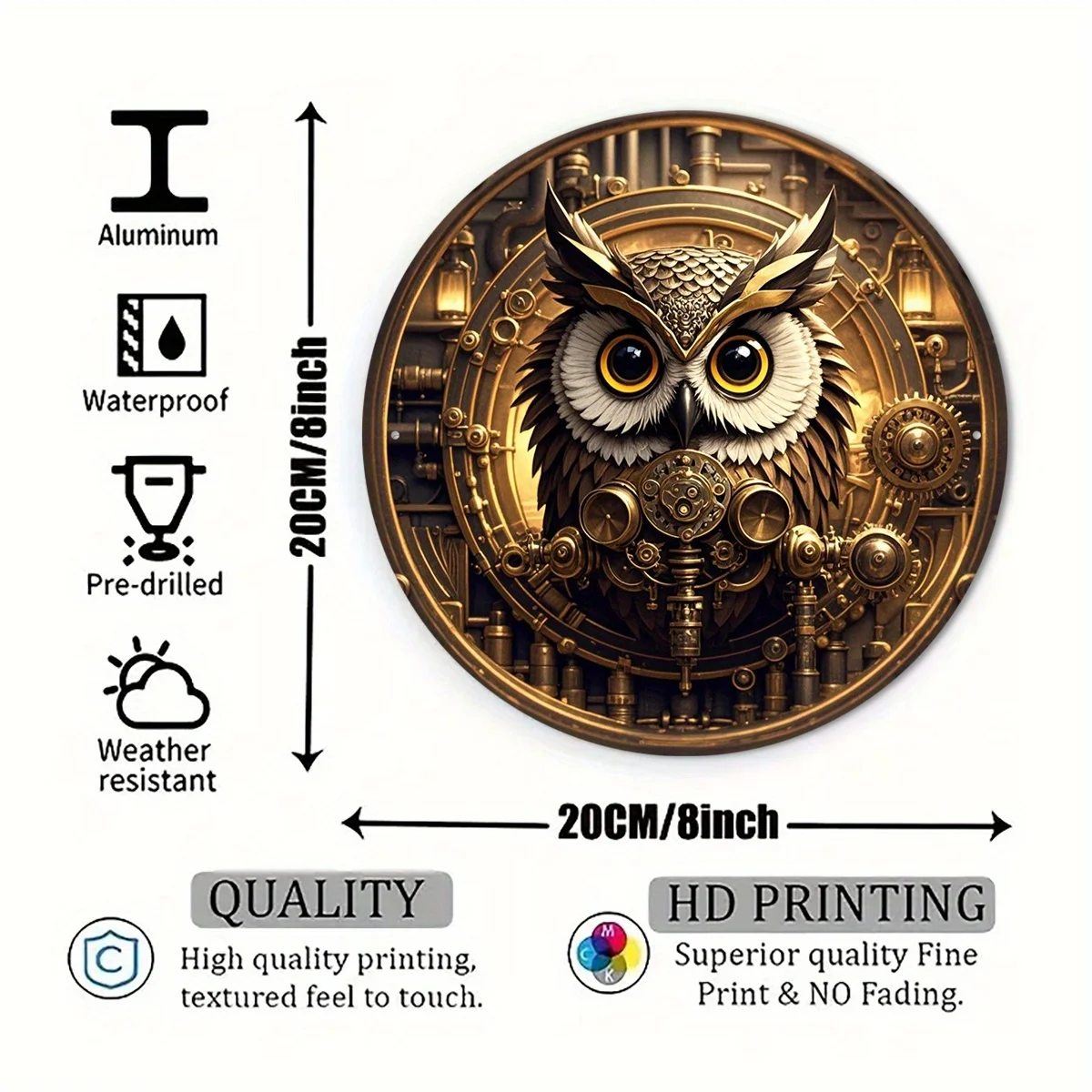 2D Flat - 2D Artwork Featuring a Vintage Owl And Gear Metal Wall Art - a Steampunk Industrial Decoration in Golden And Black Mec