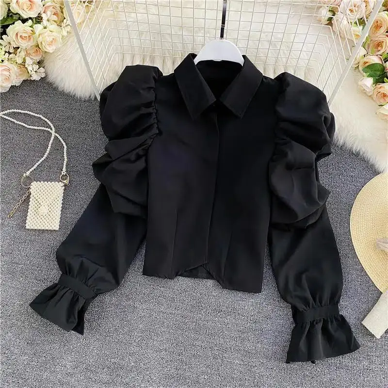 Vintage Polo Neck Solid Short Blouse Long Sleeve All-match Street Casual Shirt Tops Spring Autumn Fashion Korean Women Clothing