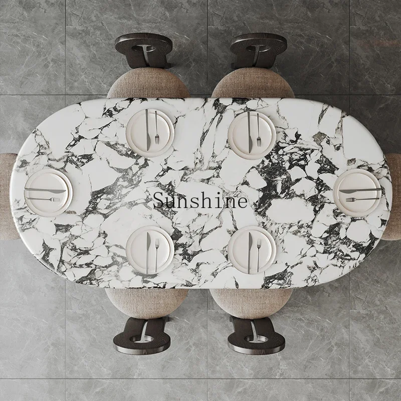 

Marble slate dining table Italian retro light luxury simple oval dining table and chair combination FT