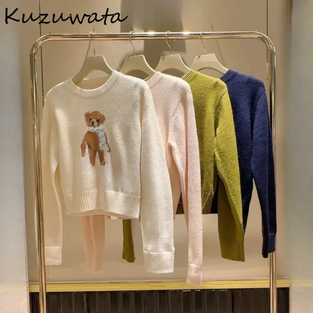 Kuzuwata Casual O Neck Print Bear Short Pull Femme Knit New Elegant All-match Preppy Style Tops Japan Simple Soft Harajuku Mujer