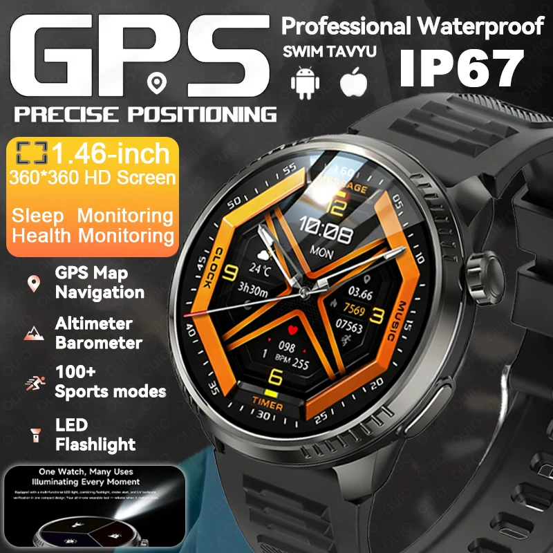 

Новые уличные умные часы с GPS-треком, SOS, светодиодный фонарик, высотомер, барометр, мониторинг здоровья, 100 + спортивный режим, водонепроницаемые умные часы