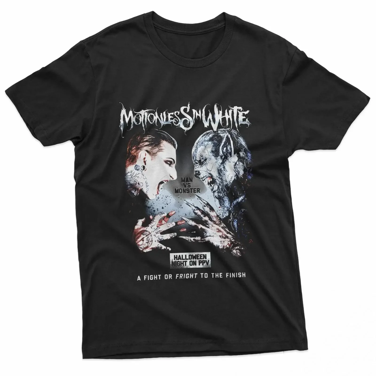 Motionless In White Man vs Monster Halloween Horror Rock Band T Shirt vintage Washed Slightly Stylish Versatile Comfortable