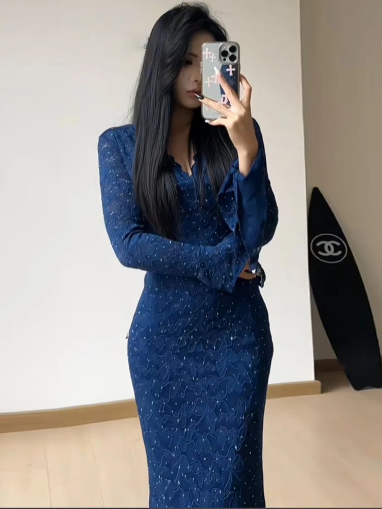 

Ele Long Sve V-Ne Diamond Lace Bodycon Dr женская осенне-зимняя сексуальная облегающая юбка Sle повседневная повседневная одежда