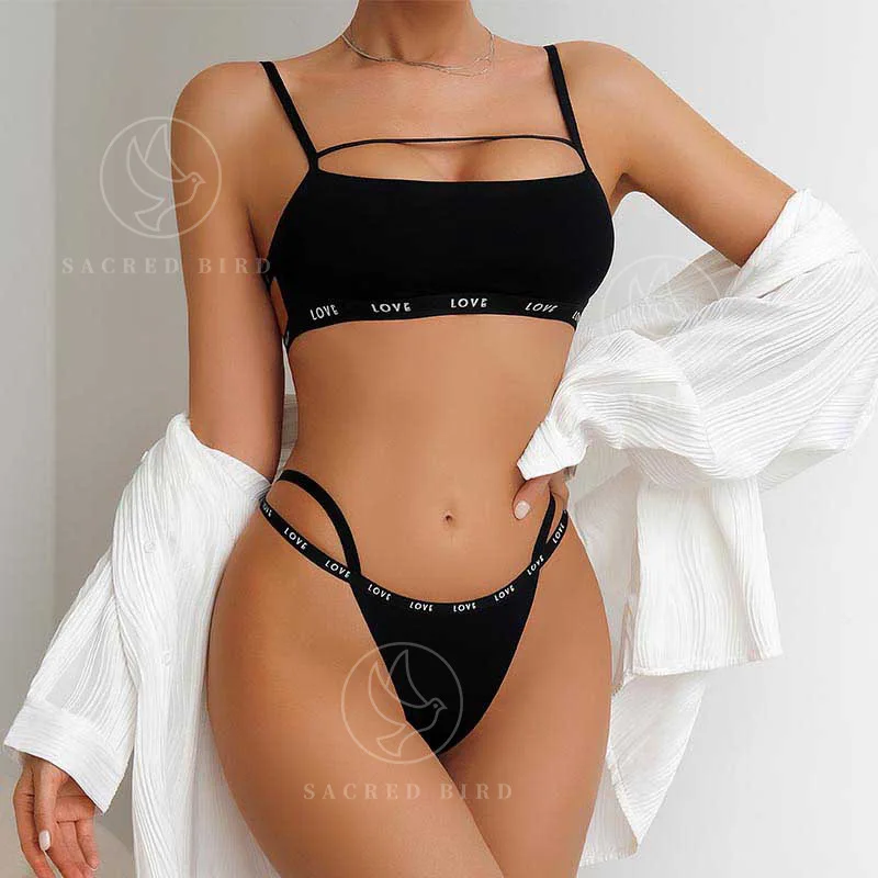 YMQJ Neues Design Sexy Damen Schwarze Dessous-Sets Briefträger Druck Kreuzmuster BH und Höschen-Set