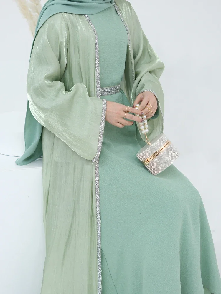 Abaya musulmane à lacets pour femmes, ensemble de 2 pièces, robe longue, caftan, cardigan islamique, Dubaï, arabe, ramadan marocain, Eid