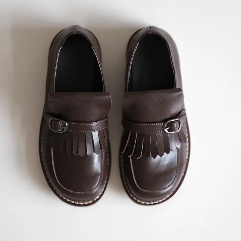 New Brown Cowhide Tassel Retro Leather Shoes Boys Children Leather Shoes Girls Loafers Genuine Leather Handmade Baby Kids Shoes
