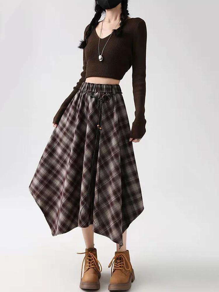 

American Vintage Plaid Skirt for Women Winter High Waist Irregular All Match Midi Skirt Y2K Harajuku Streetwear A Line Skirt