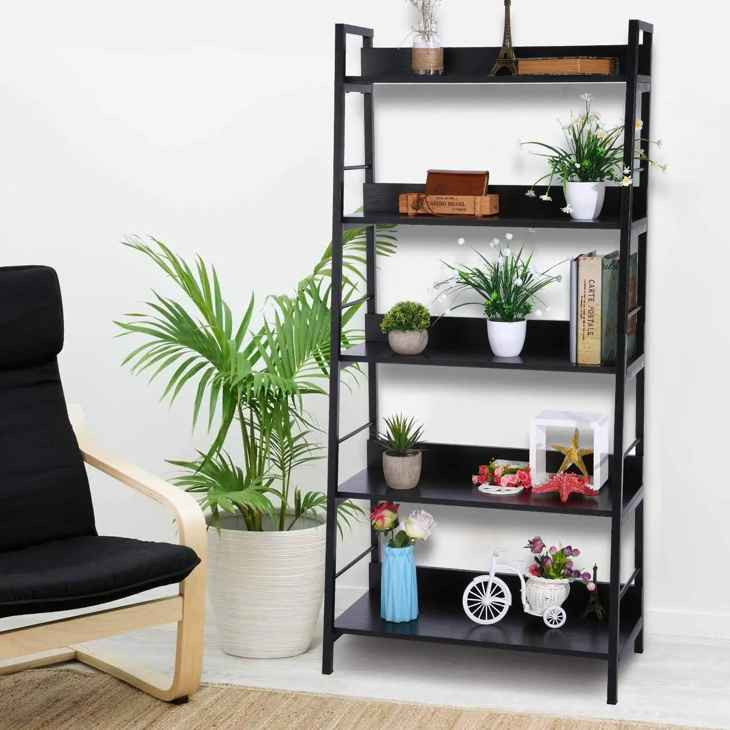 5 Tier Ladder Shelf, Industrial Bookshelf Wood and Metal Bookcase, Plant Flower Stand Rack Book Rack Storage Shelves