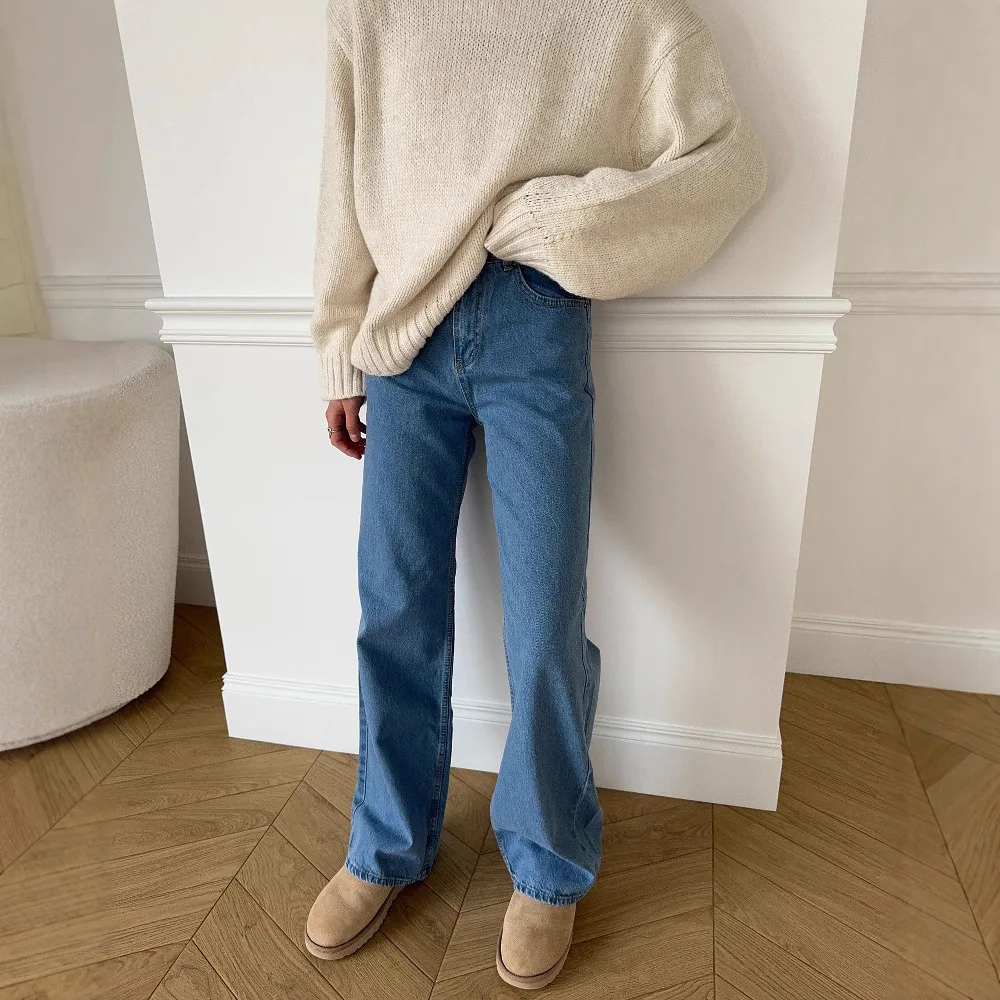 

New fashion washed old solid color high waist spice jeans female straight loose slim long casual pants female.