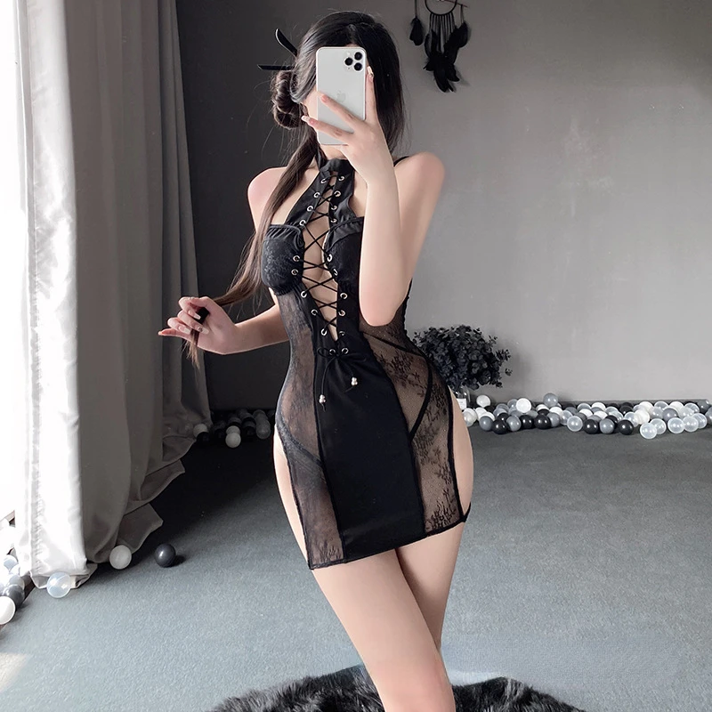 

Black Perspective Cheongsam Sexy Lingerie Chinese Dress Improve Qipao Hot Uniform Passion Pajamas Suit Temptation Costumes Women