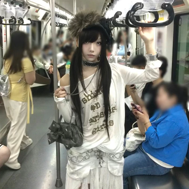 Karrram اليابانية Y2k قبالة الكتف القمم Trashy 2000s نمط إلكتروني تي شيرت مطبوع محبوك خمر Harajuku شير الأعلى الأمريكية الرجعية