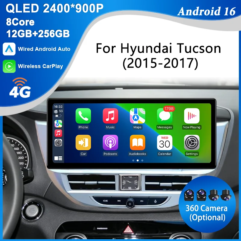 HD for Hyundai Tucson 2015-2017 12.3 inch Android 16 Multimedia Unit QLED Screen GPS BT 4G Wifi DSP Support CarPlay Android Auto