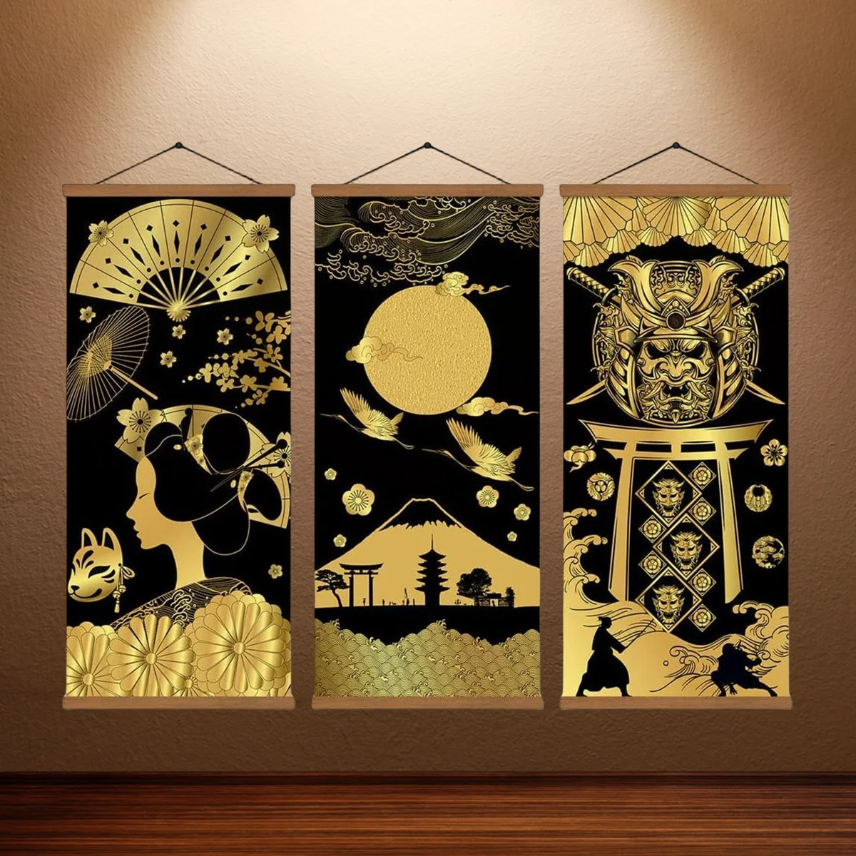 

3-piece Japanese Style Wall Art Set Gold Foil Samurai Mask Geisha Moon Landscape Canvas Art Painting for Home Restaurant Decor
