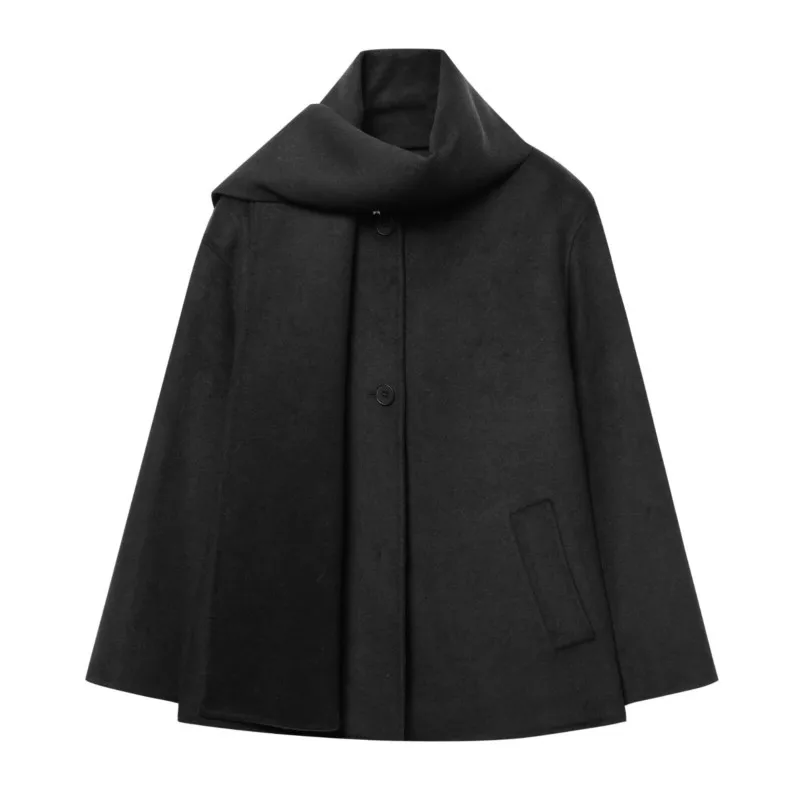 عارضة الصوف مزيج معطف سترة المرأة وشاح طوق فضفاض طويلة الأكمام الخريف جيب واحدة الصدر أزياء الإناث قمم #6