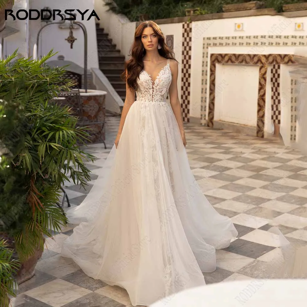 Roddrsya robe de mariée classique bohème style sans manches dentelle applique robe de mariée a - word tulleRODDRSYA-Robes de mariée classiques, style Boho, appliques en fibre de dentelle, quel que soit le tulle A-ligne