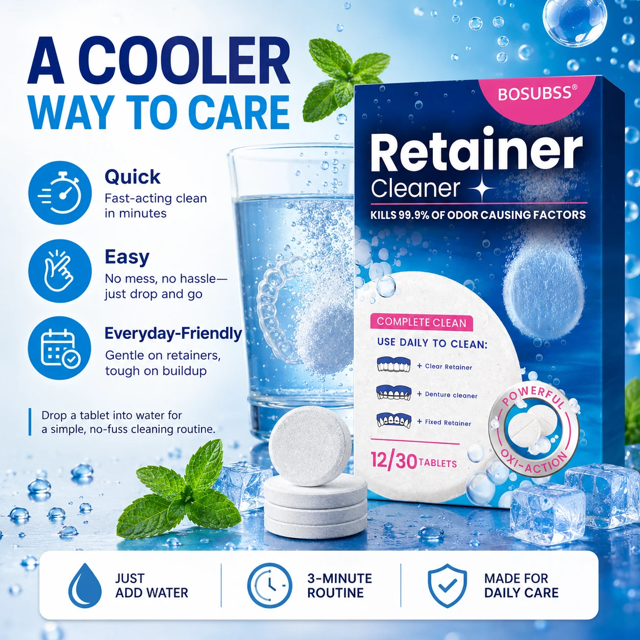 BOSUBSS Retainer Cleaner Tablets, Effective Denture Cleaning Tablets Kill Odor-Causing Factors for Aligner Retainer Denture