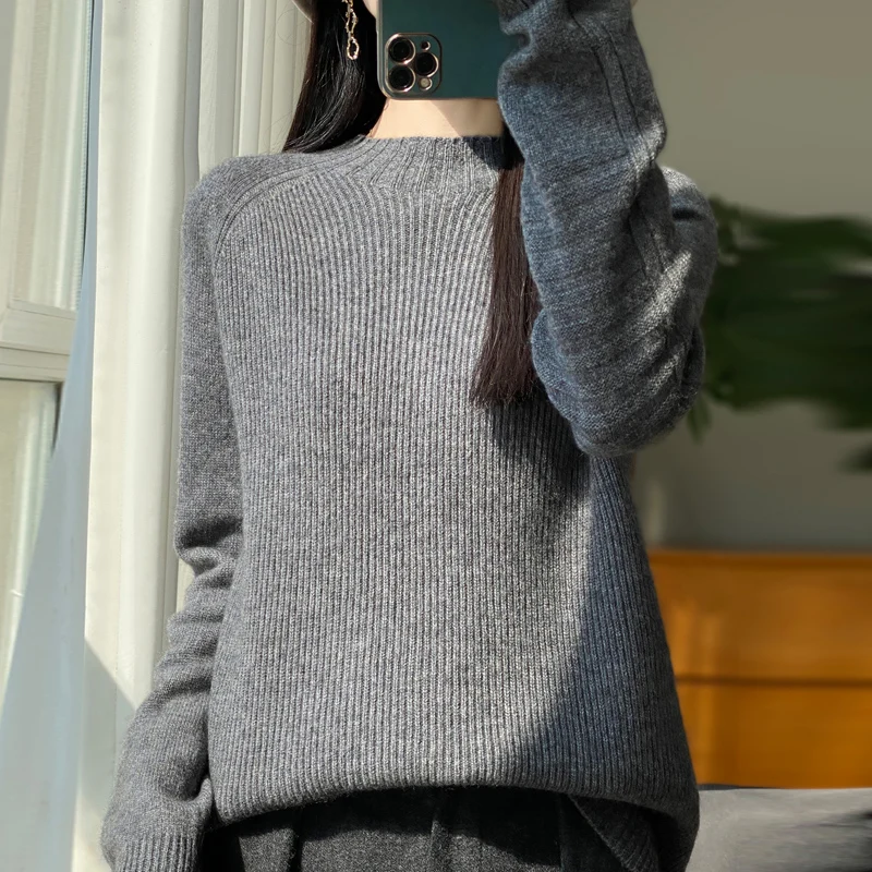 Women O-neck Vertical Pullover Autumn Winter 100% Merino Wool Sweater Thick Warm Basic Cashmere Knitwear Fashion Tops