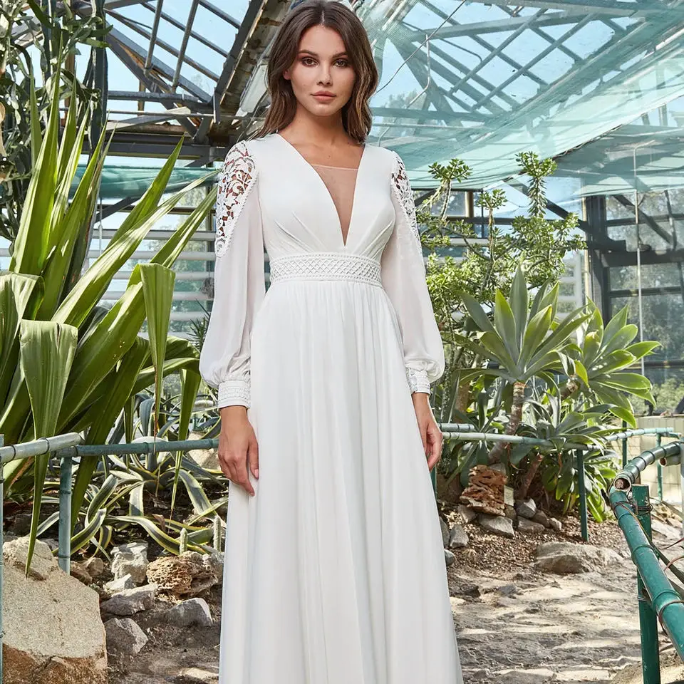 Op Maat Gemaakte Boho Chiffon Trouwjurk Strand Bruidsjurken Met Lange Mouwen Appliques Elegante Prinses Feestjurken Met Kant