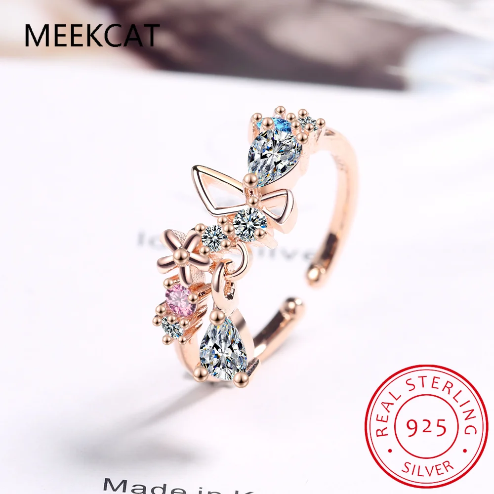 925 Sterling Silver Small Fresh Flower & Water-drop Shaped Zircon Finger Ring Adjustable for Women Exquisite Fine Jewelry BSR308