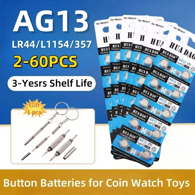 

NewNEW 2-60PCS LR44 AG13 Button Cell Battery 1.5V 357 SR44 LR1154 Button Coin RW82 SR1154 SP76 Batteries for Watch Toys Remote